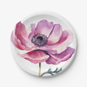 Plato De Papel Flor Silvestre Rosa Ilustrada a Mano