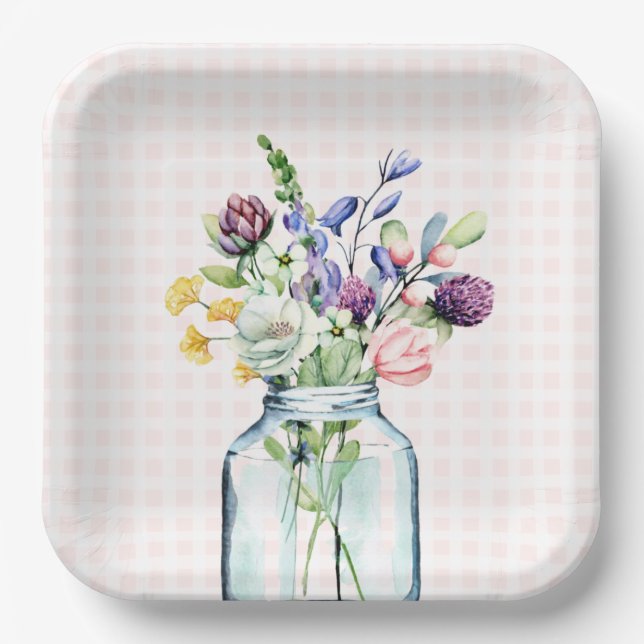 Plato De Papel Flor silvestre rusa Mason Jar Picnic Bridal Shower (Anverso)
