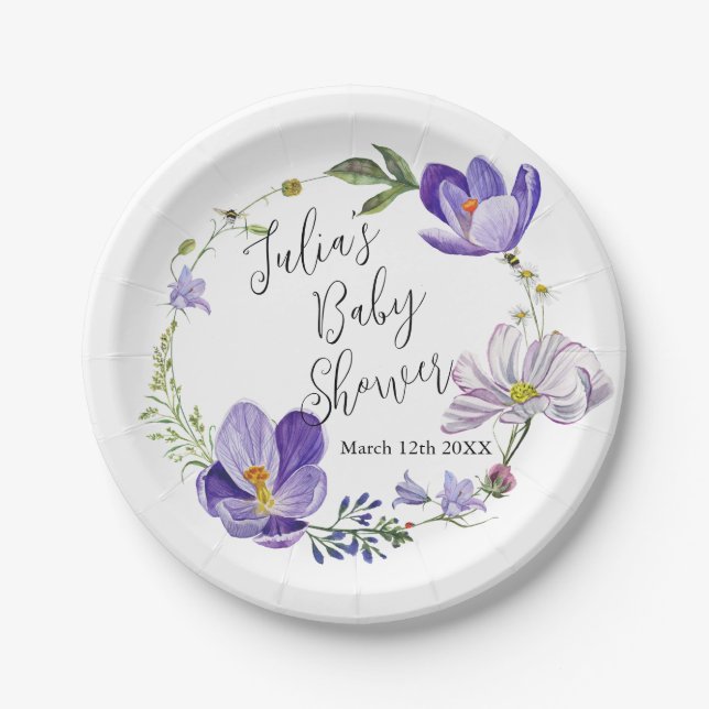 Plato De Papel Flor silvestre Violet Baby Shower (Anverso)