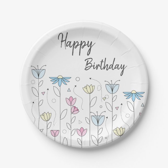 Plato De Papel Flor simple con cumpleaños feliz (Anverso)