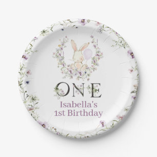 Plato De Papel Flor violeta foto de un conejo primer cumpleaños