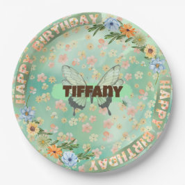 Plato De Papel Flor y mariposa Placa de cumpleaños