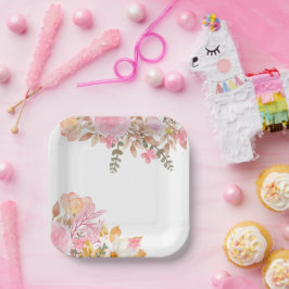 Plato De Papel Flora acuarela rosa Fiesta