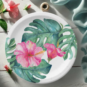Plato De Papel Flora acuarela tropical de hibiscus rosa negrita