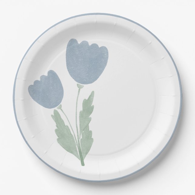 Plato De Papel Flora de acuarela azul oscuro (Anverso)