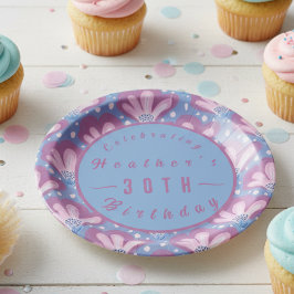 Plato De Papel Flora de color azul rosa personalizado