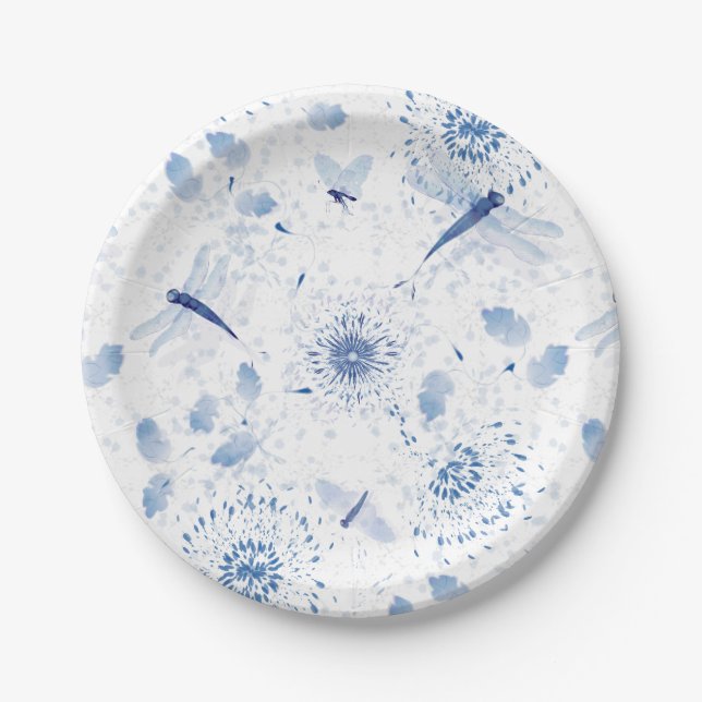 Plato De Papel Flora de la libélula Chinoiserie azul (Anverso)