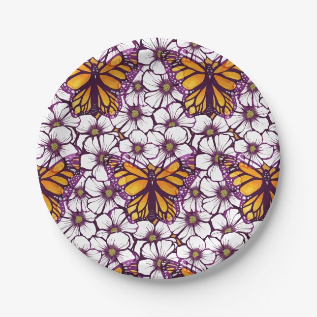 Plato De Papel Flora de mariposa monarca (Anverso)