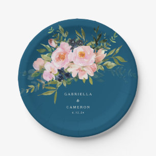 Plato De Papel Floraciones románticas vintage en Boda azul