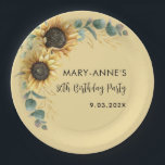 Plato De Papel Floral 80th Birthday Party Sunflower<br><div class="desc">Celebra ocho décadas de vida con nuestros vibrantes y alegres platos de papel de girasol personalizado de cumpleaños número 80. Estos llamativos platos de papel presentan un diseño audaz y dorado de girasol que irradia calidez y alegría, complementando perfectamente la atmósfera festiva de esta ocasión histórica. Ideal para reuniones informales...</div>
