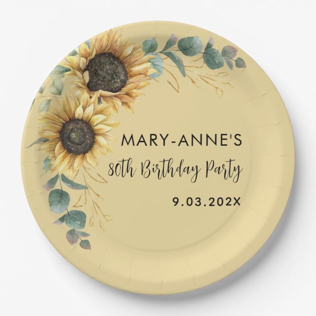 Plato De Papel Floral 80th Birthday Party Sunflower (Anverso)