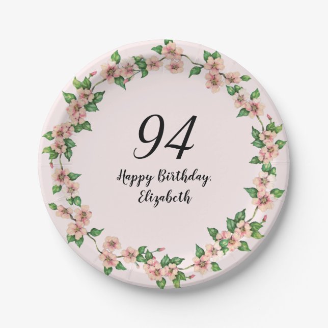 Plato De Papel Floral 94th Birthday Pretty Blush Pink (Anverso)