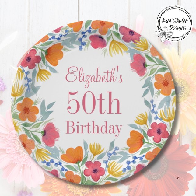 Plato De Papel Floral acuarela 50 cumpleaños (Subido por el creador)