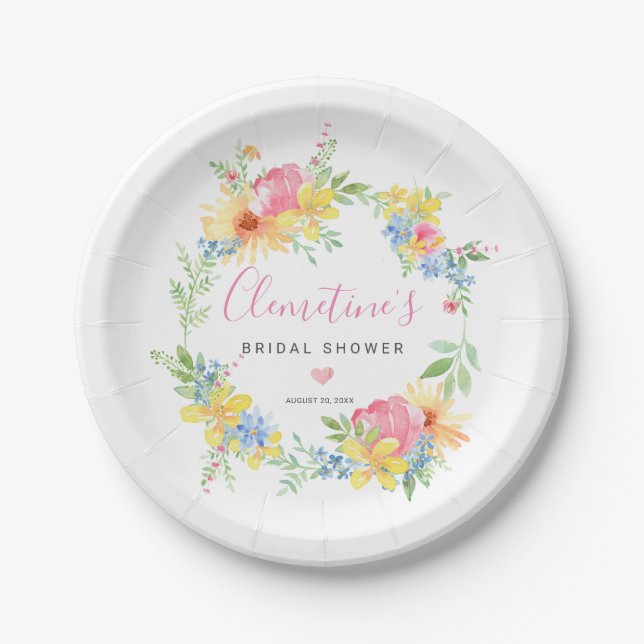 Plato De Papel Floral Acuarela Amarillo Rosa Rústico (Anverso)