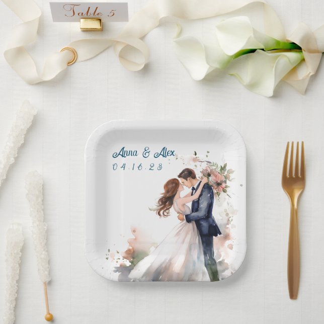 Plato De Papel Floral acuarela boda (Boda)