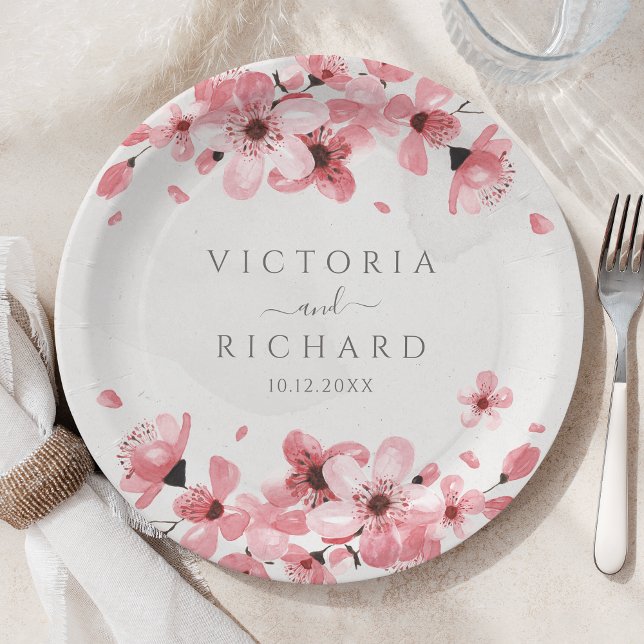 Plato De Papel Floral acuarela de flores de cerezo rosa (Subido por el creador)