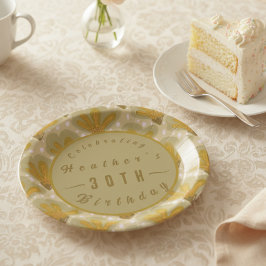 Plato De Papel Floral Acuarela Dorada Personalizada