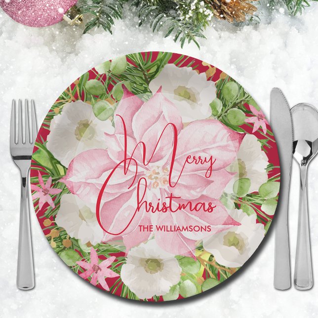 Plato De Papel Floral acuarela navidad (Pink poinsettia and winter flowers Merry Christmas paper plates)