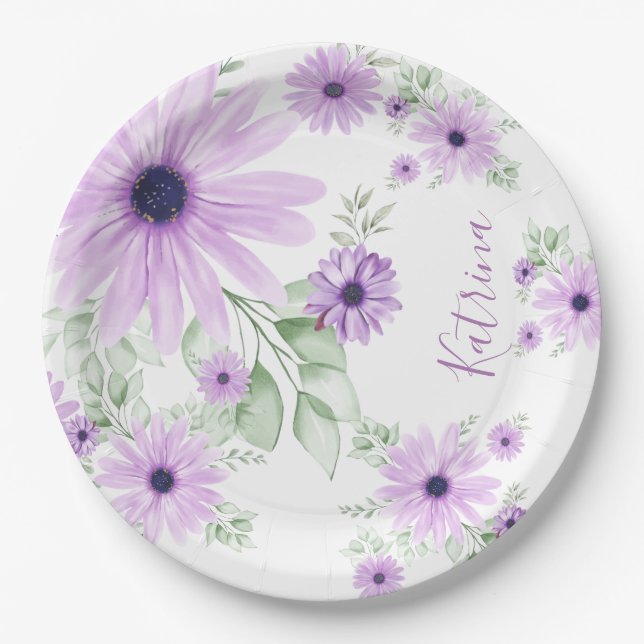 Plato De Papel Floral Acuarela Personalizada Violeta y Verde (Anverso)