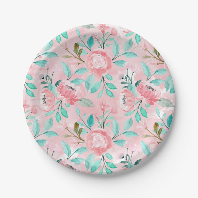 Plato De Papel Floral Acuarela Rosa (Anverso)