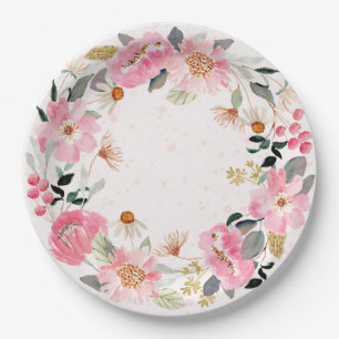 Plato De Papel Floral Acuarela Rosa