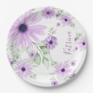 Plato De Papel Floral Acuarela Violeta y Verde Personalizada