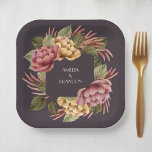 Plato De Papel Floral acuática elegante<br><div class="desc">Flores acuáticas elegantes de color rosa y dorado con una hermosa vegetación sobre un fondo de berenjenas oscuro, estos platos de papel cuadrado son perfectos para el brunch y las parejas burbujeantes ducha de boda, ducha de novia, ducha de bebé o cualquier ocasión especial. COINCIDIENDO con los artículos de nuestra...</div>