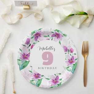 Plato De Papel Floral acuática rosa Lilac Monogramada