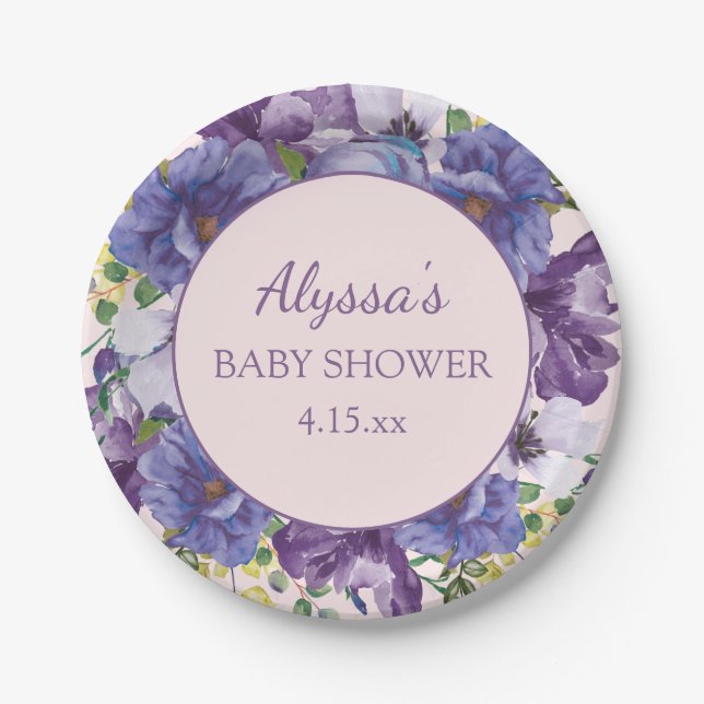 Plato De Papel Floral amarilla rosa morada Chica de Baby Shower (Anverso)