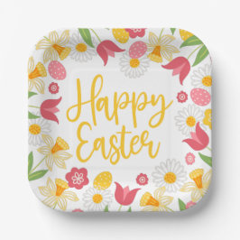 Plato De Papel Floral Amarillo Rojo Primavera Pascua