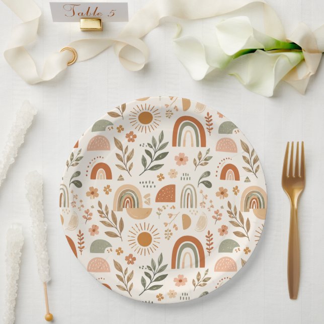 Plato de papel floral arcoíris boho terroso (Boda)