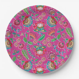 Plato De Papel Floral arte folclórico rosa brillante boda del boh