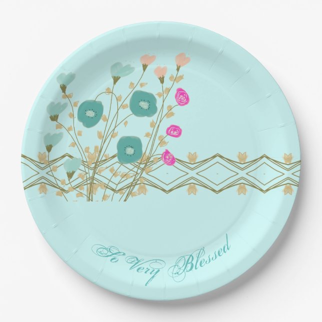 Plato De Papel Floral azul con rosa (Anverso)