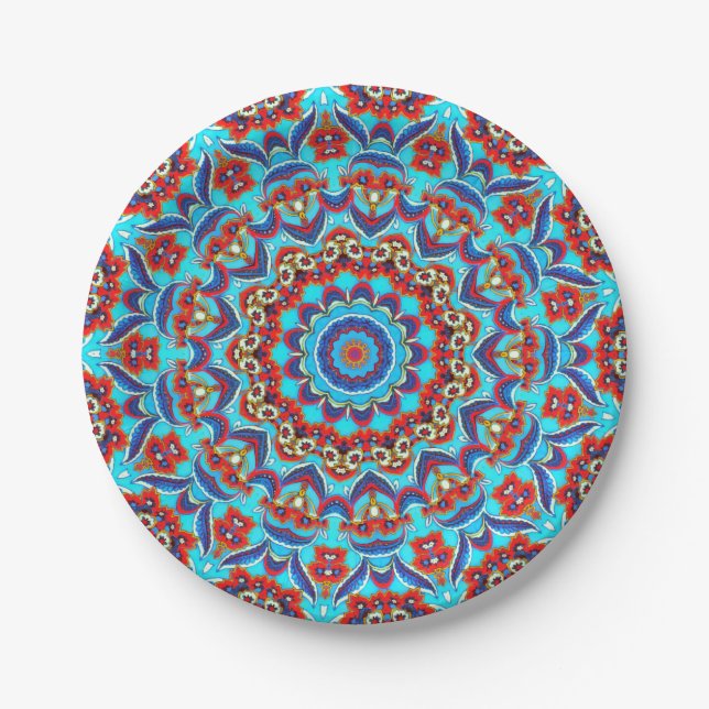 Plato De Papel Floral azul de hoja Verde azulada Mandala Boho (Anverso)