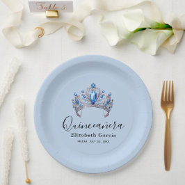 Plato De Papel Floral azul e marfil Quinceañera