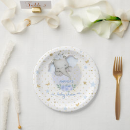Plato De Papel Floral azul elefante Boho Baby Boy Shower
