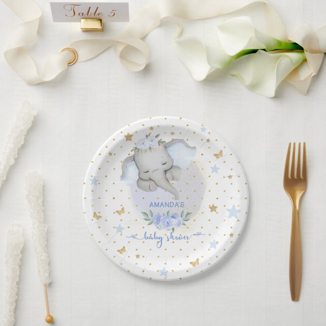 Plato De Papel Floral azul elefante Boho Baby Boy Shower (Boda)