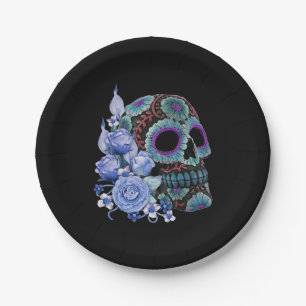 Plato De Papel Floral Azul Floral Black Sugar Skull Day Of The De