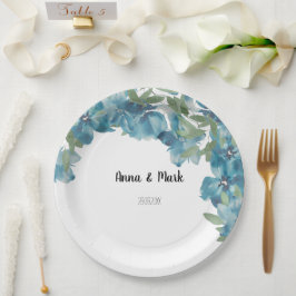 Plato De Papel Floral azul Fusión acuática pintada a mano