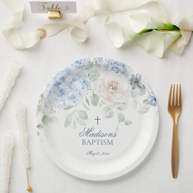 Plato De Papel Floral azul Hidrangea Blooms Botánicos Baptismo (Boda)