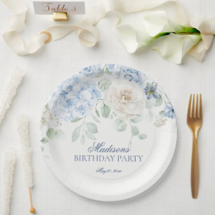 Plato De Papel Floral Azul Hidrangea Blooms Botánicos Cumpleaños
