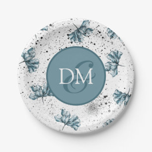 Plato De Papel Floral azul monograma pintado a mano