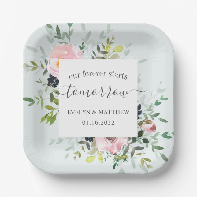 Plato De Papel Floral azul para siempre comienza mañana ensayo (Anverso)