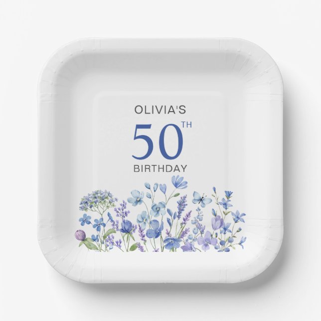 Plato De Papel Floral azul personalizado 50 cumpleaños (Anverso)