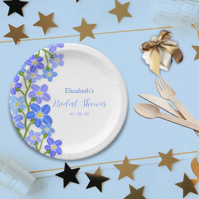 Plato De Papel Floral azul púrpura nomeolvides ducha de novia (Blue Purple Floral Forget-Me-Nots Bridal Shower Paper Plates)