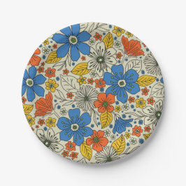 Plato De Papel Floral azul retro, amarillo y Naranja