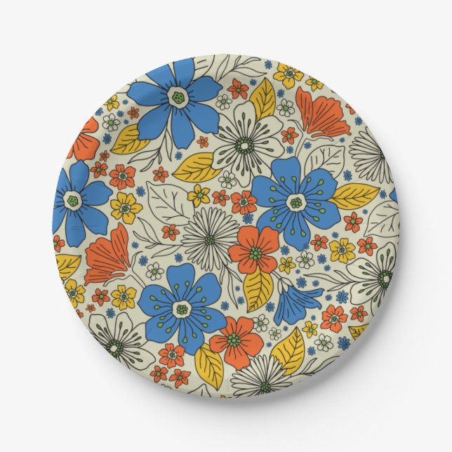 Plato De Papel Floral azul retro, amarillo y Naranja (Anverso)