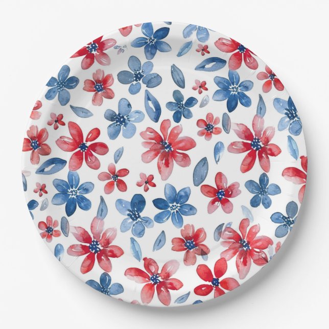 Plato De Papel Floral azul rojo 4 de julio de Plate (Anverso)