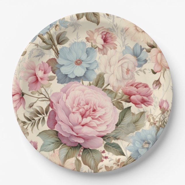 Plato de papel floral azul rosa (Anverso)