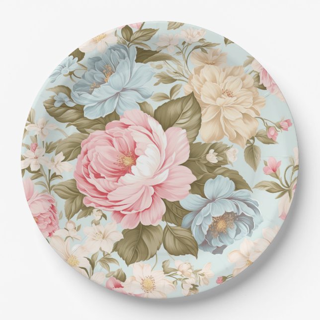 Plato de Papel Floral Azul Rosa Amarillo (Anverso)